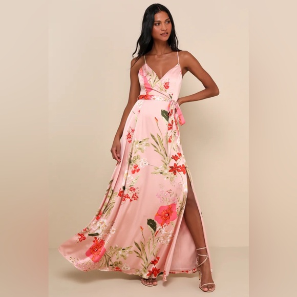 Lulu’s Still the One Blush Pink Floral Print Satin Maxi Dress - Picture 1 of 8